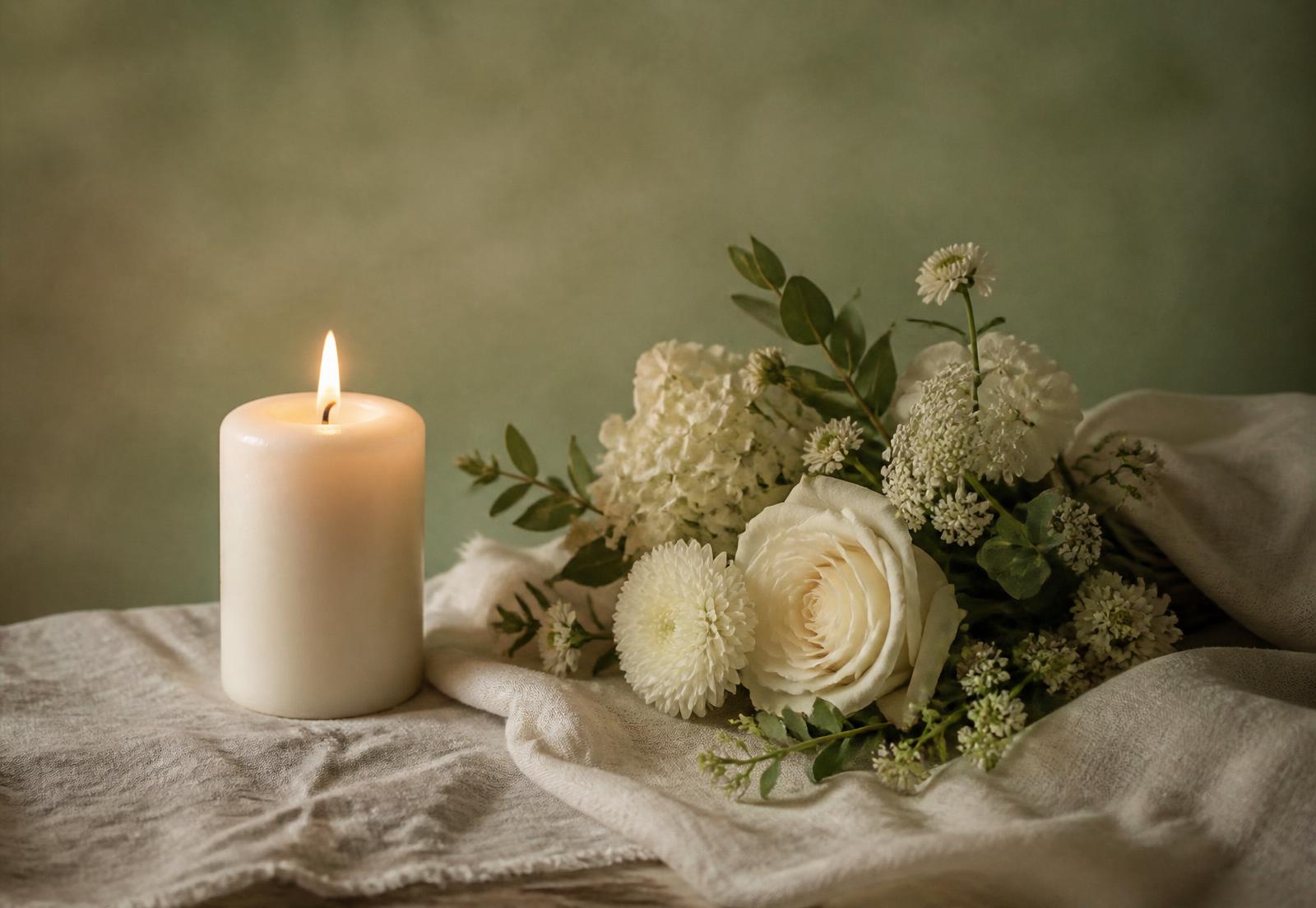 A lit candle beside white flowers on a linen cloth